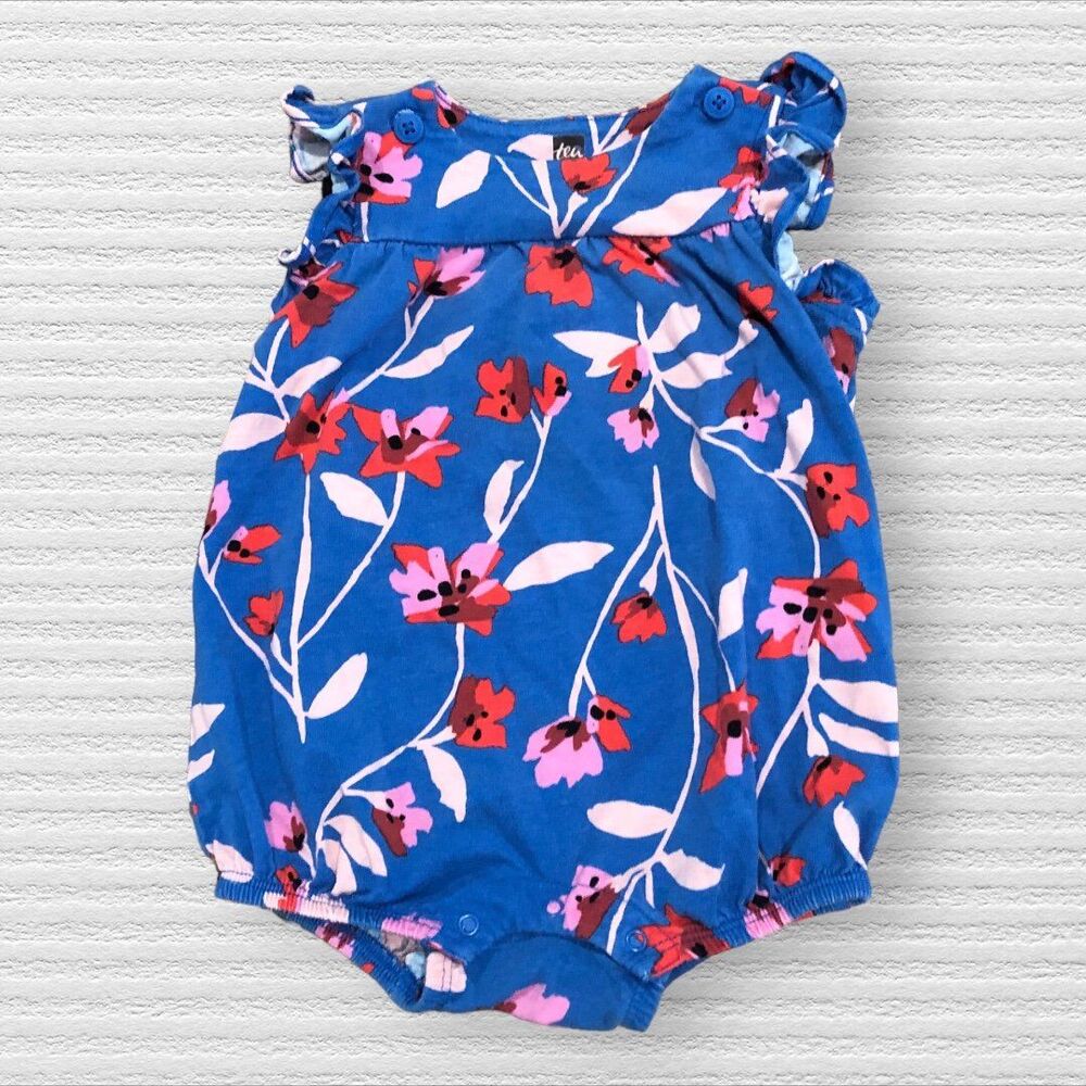 Tea Collection Blue & Red Floral Bubble Flutter Sleeve 9-12 Month Cotton